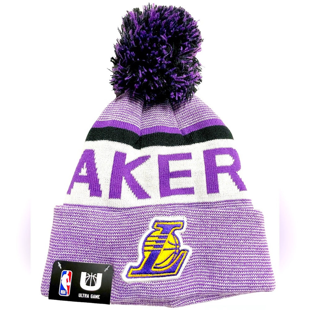 New NBA LA Lakers Ultra Game Pom Cuffed Beanie Cap Purple Knit Hat LeBron Reaves
